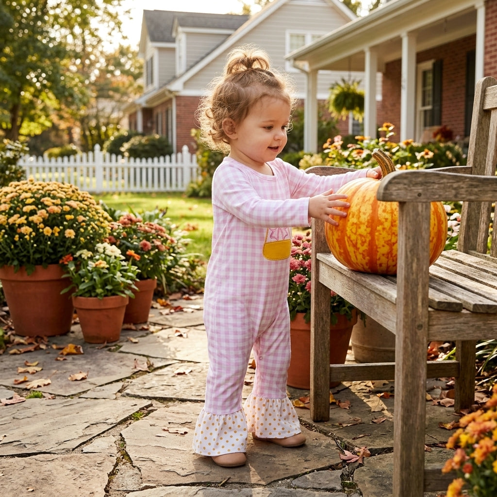 LR3022 Embroidery Candy Corn Bows Pink Plaid Dots Baby Girls Romper 202609 RTS