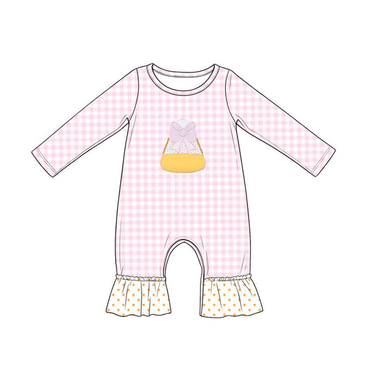 MOQ 5 PCS preorder LR3022 Candy Bow Pink Plaid Long Sleeve Girls Romper 202604