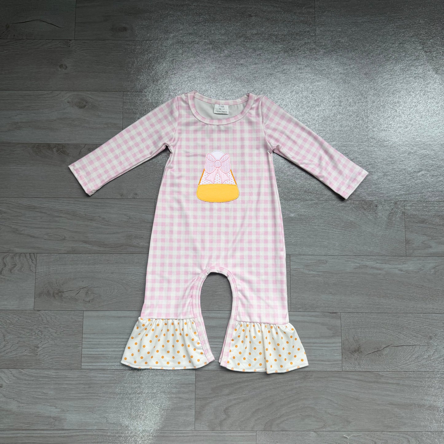 NO MOQ preorder LR3022 Embroidered Halloween Candy Bow Pink Plaid Long Sleeve Girls Romper 202607