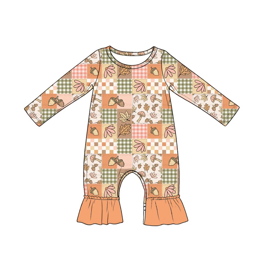 MOQ 5 PCS preorder LR3023 Pine Nut Mushroom Flower Plaid Patchwork Orange Long Sleeve Girls Romper 202604