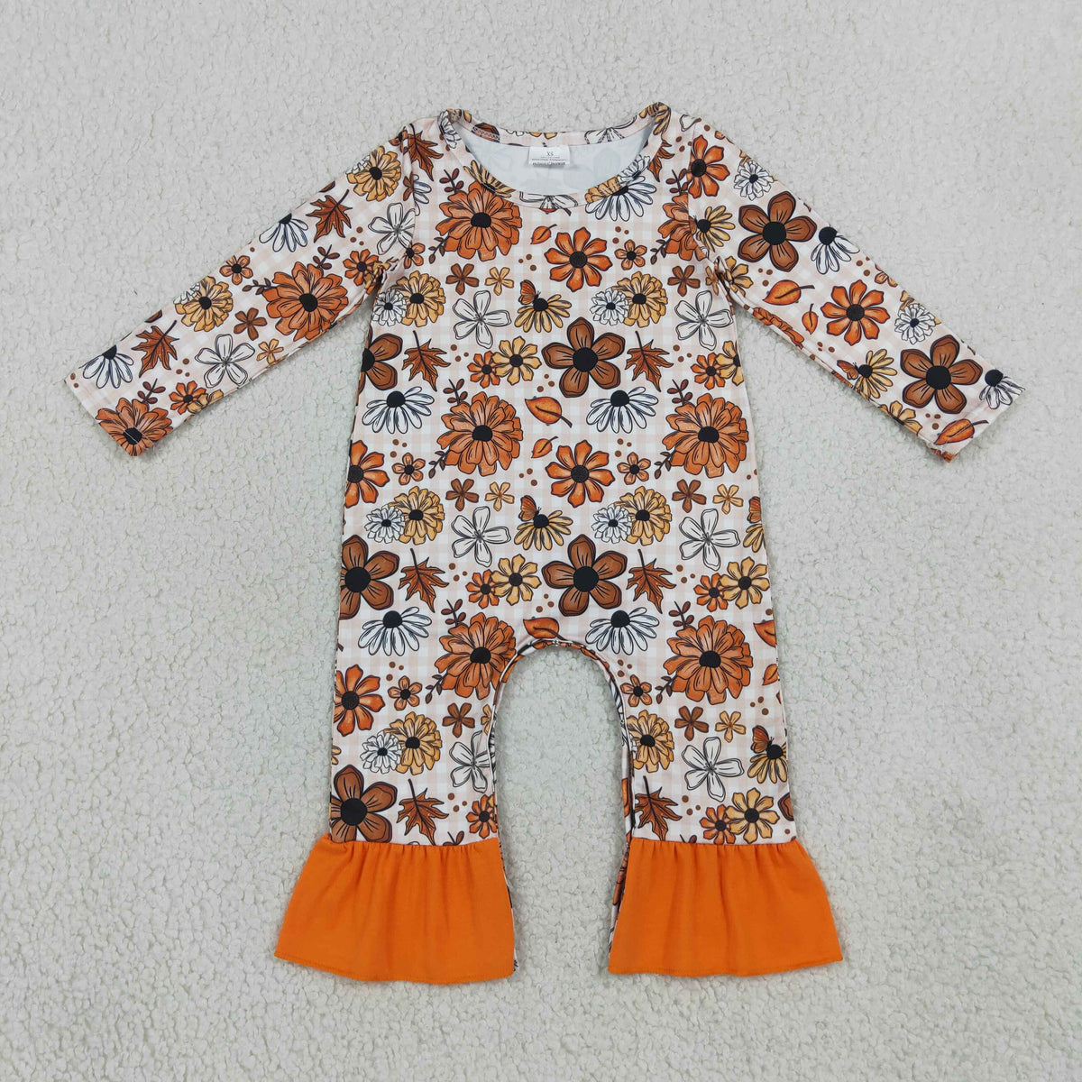 LR3025 Flower Leaf Orange Plaid Long Sleeve Girls Romper 202608 RTS