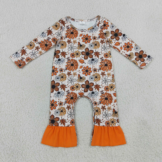 LR3025 Flower Leaf Orange Plaid Long Sleeve Girls Romper 202608 RTS