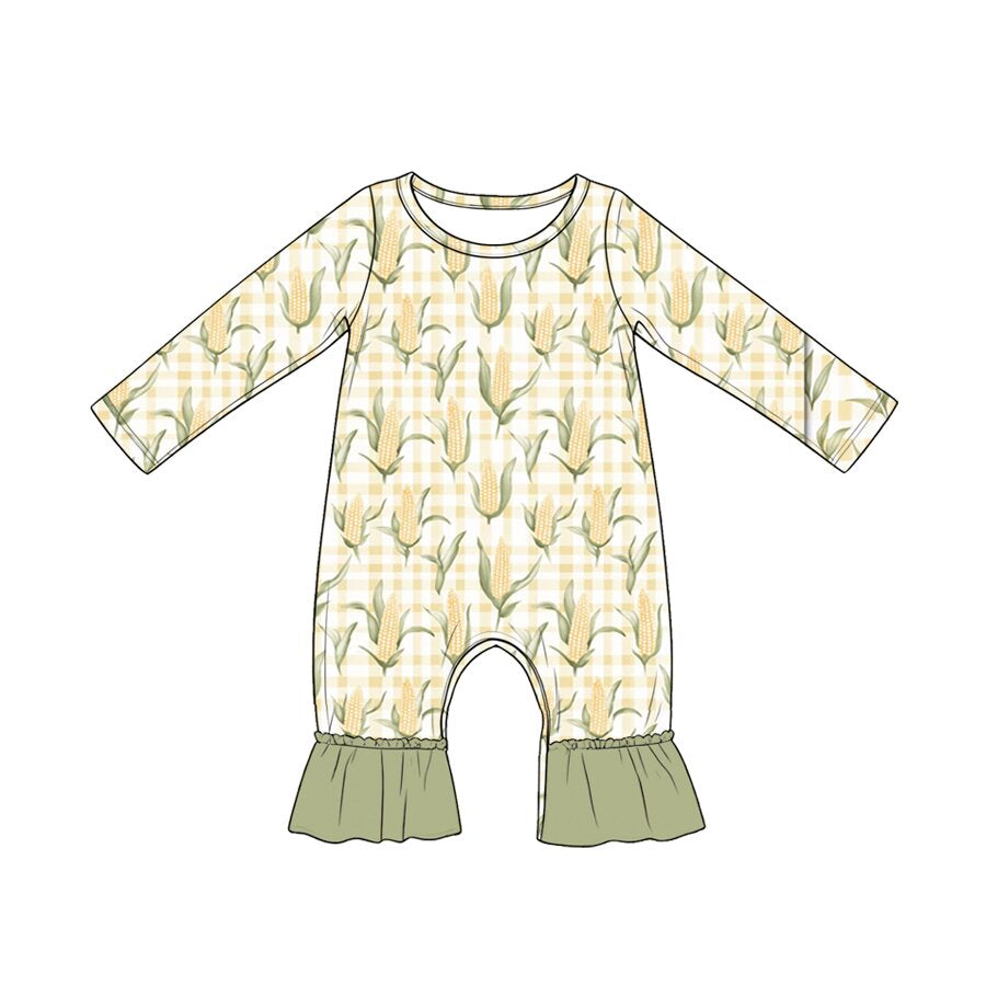 MOQ 5 PCS preorder LR3026 Corn Yellow Green Plaid Long Sleeve Girls Romper 202604