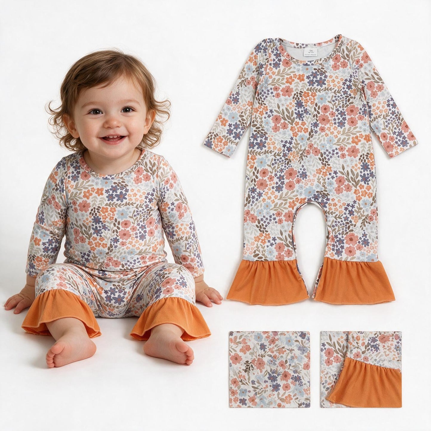 LR3027 Fall Flower Floral Orange Baby Girls Romper