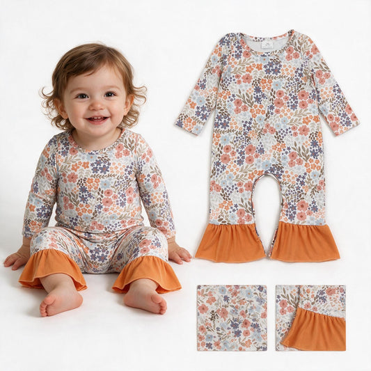 LR3027 Fall Flower Floral Orange Baby Girls Romper