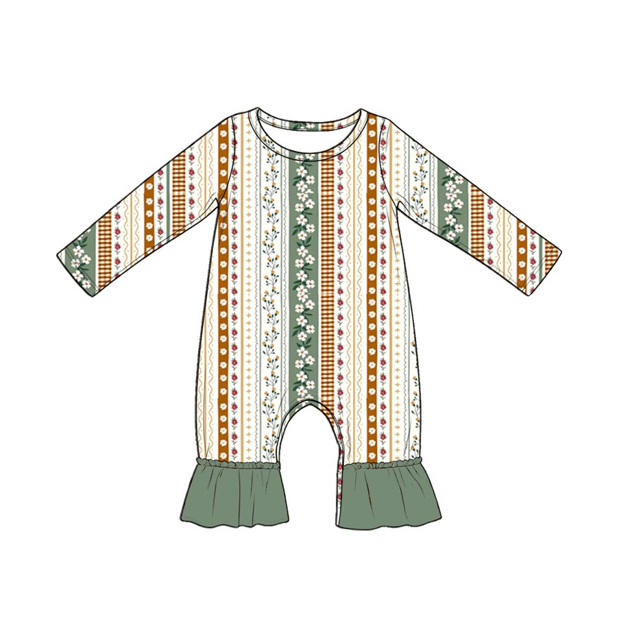 MOQ 5 PCS preorder LR3028 Floral Stripe Green Long Sleeve Girls Romper 202604