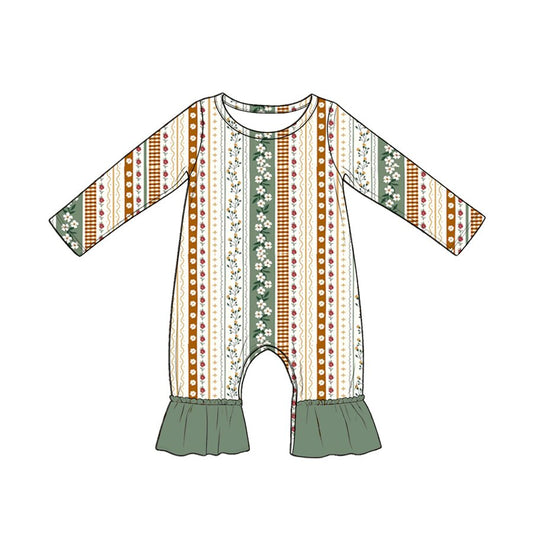 MOQ 5 PCS preorder LR3028 Floral Stripe Green Long Sleeve Girls Romper 202604