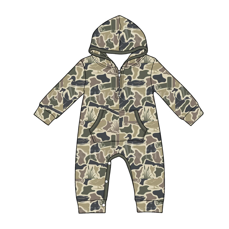 MOQ 5 PCS preorder LR3029 Duck Hunting Gray Green Camouflage Hooded Long Sleeve Boys Romper 202604