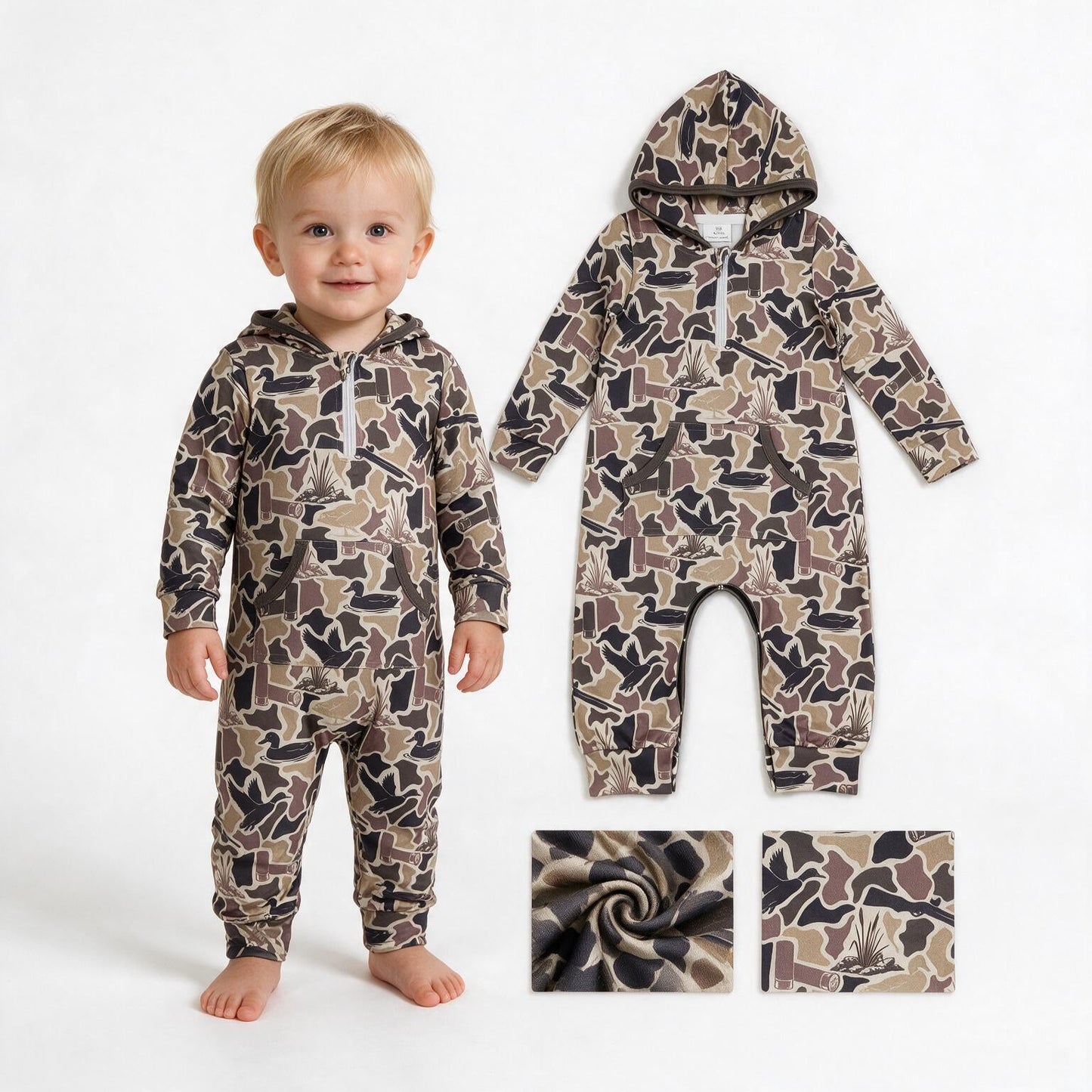 LR3029 Hunting Camo Mallard Ducks Zipper Baby Boy Romper