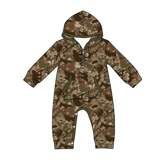 MOQ 5 PCS preorder LR3031 Puppy Deer Duck Hunting Brown Camouflage Hooded Long Sleeve Boys Romper 202604