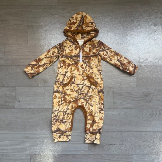 NO MOQ preorder LR3033 Branches Leaves Hunting Light Brown Hooded Long Sleeve Boys Romper 202607