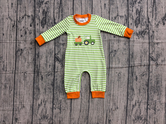 NO MOQ preorder LR3036 Embroidered Pumpkin Truck Green Stripe Long Sleeve Boys Romper 202606