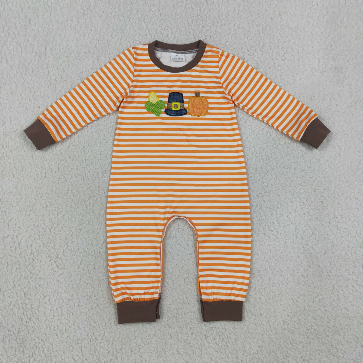LR3037 Embroidered Pumpkin Corn Orange Stripe Long Sleeve Boys Romper 202608 RTS