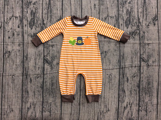 NO MOQ preorder LR3037 Embroidered Pumpkin Corn Orange Stripe Long Sleeve Boys Romper 202606