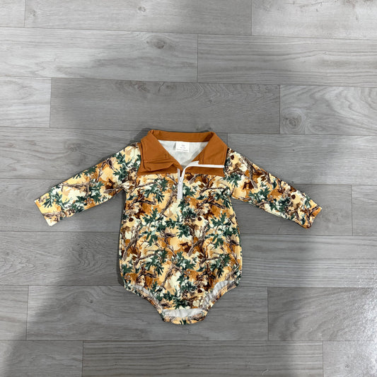 NO MOQ preorder LR3048 Branches Leaves Brown Zip Long Sleeve Boys Bubble Romper 202607