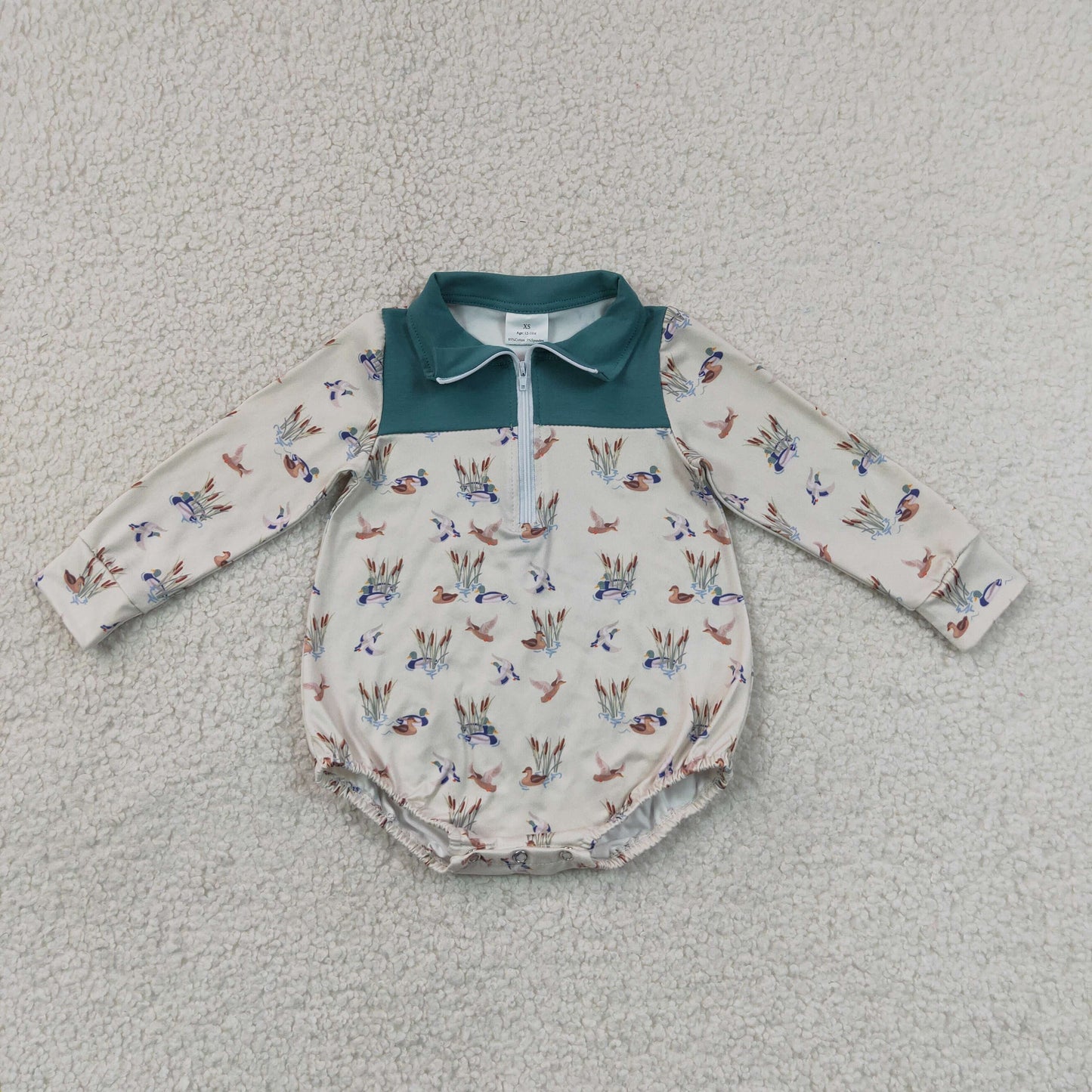 LR3052 Duck Hunting Dark Green Polo Beige Long Sleeve Boys Bubble Romper 202607 RTS