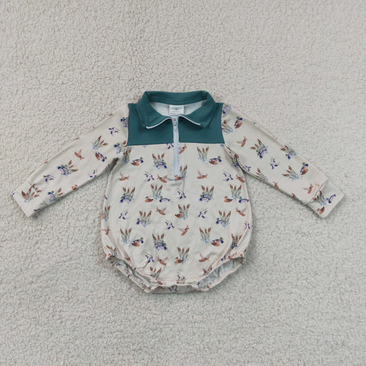 LR3052 Duck Hunting Dark Green Polo Beige Long Sleeve Boys Bubble Romper 202607 RTS