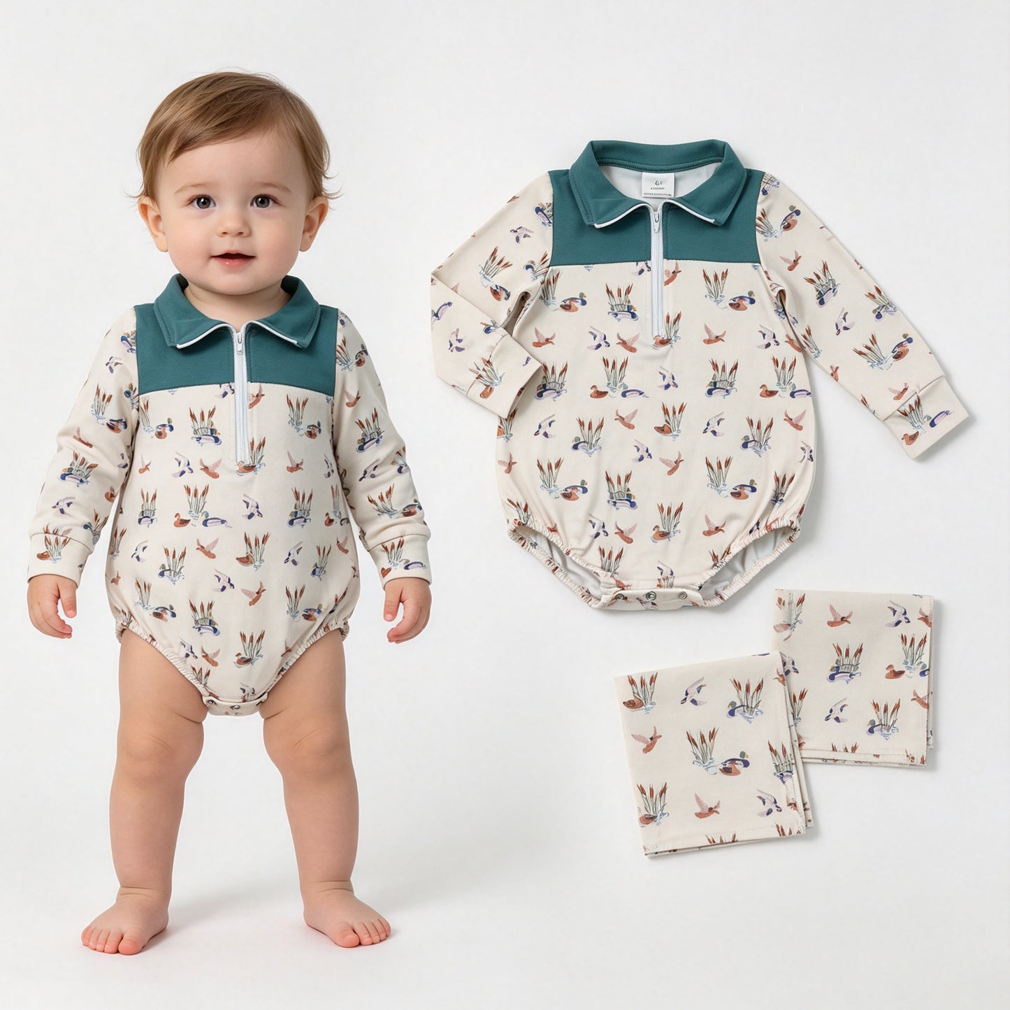LR3052 Duck Hunting Dark Green Polo Beige Long Sleeve Boys Bubble Romper 202607 RTS