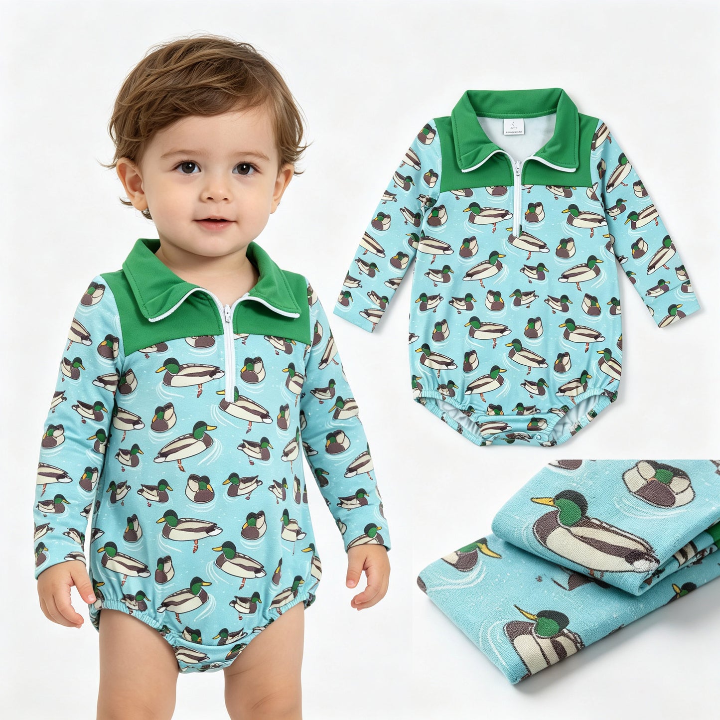 LR3055 Duck Hunting Green Polo Long Sleeve Boys Bubble Romper 202607 RTS