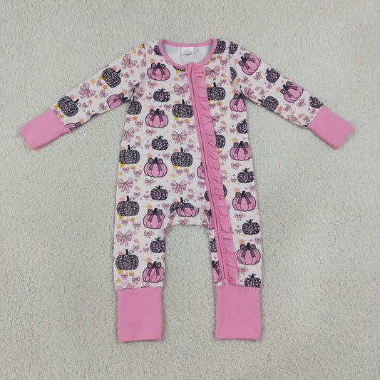 LR3061 Leopard Pumpkin Bows Pink Ruffle Zip Long Sleeve Girls Romper 202608 RTS