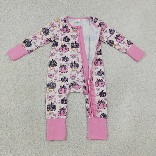 LR3061 Leopard Pumpkin Bows Pink Ruffle Zip Long Sleeve Girls Romper 202608 RTS
