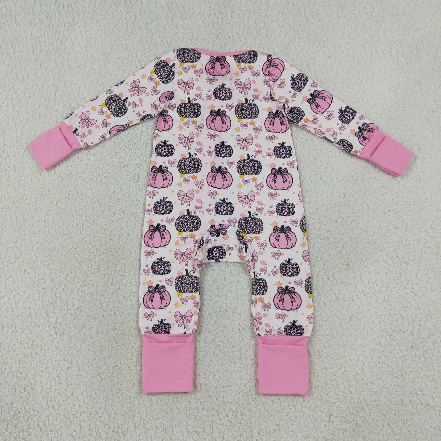 LR3061 Leopard Pumpkin Bows Pink Ruffle Zip Long Sleeve Girls Romper 202608 RTS