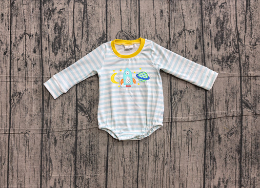NO MOQ preorder LR3063 Embroidered Moon Rocket Blue Stripe Yellow Long Sleeve Boys Bubble Romper 202606