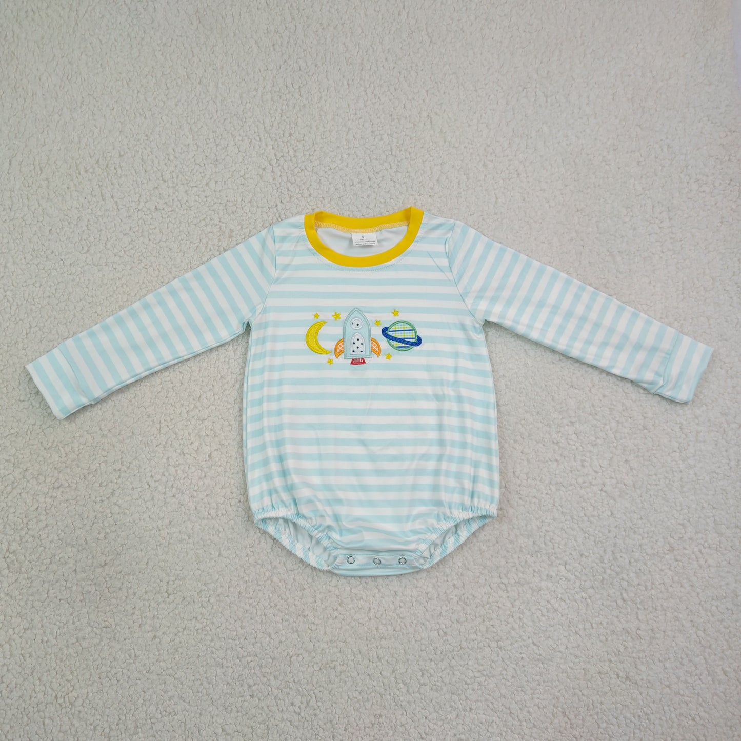 LR3063 Embroidered Moon Rocket Blue Stripe Yellow Long Sleeve Boys Bubble Romper 202608 RTS