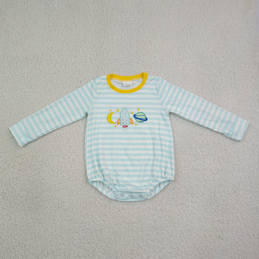 LR3063 Embroidered Moon Rocket Blue Stripe Yellow Long Sleeve Boys Bubble Romper 202608 RTS