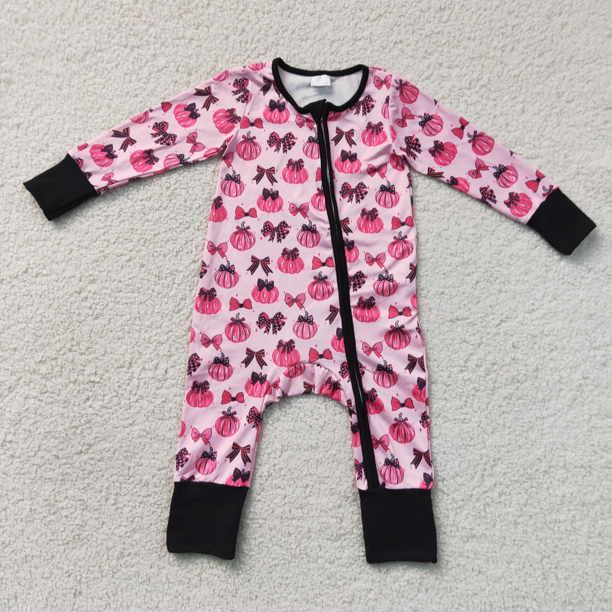 LR3069 Pumpkin Bows Rose Red Black Zip Long Sleeve Girls Romper 202607 RTS
