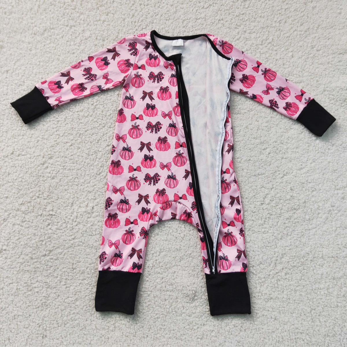 LR3069 Pumpkin Bows Rose Red Black Zip Long Sleeve Girls Romper 202607 RTS