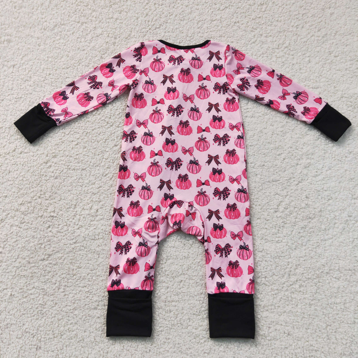 LR3069 Pumpkin Bows Rose Red Black Zip Long Sleeve Girls Romper 202607 RTS