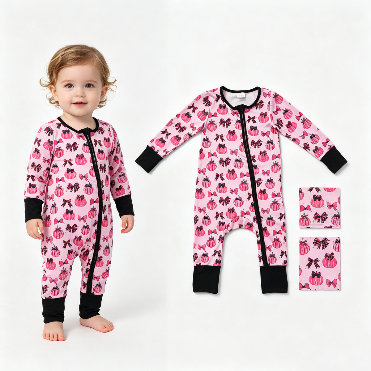 LR3069 Pumpkin Bows Rose Red Black Zip Long Sleeve Girls Romper 202607 RTS