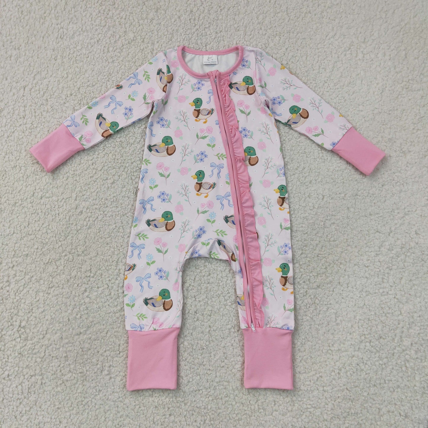 LR3071 Ducks Bows Pink Ruffle Zip Long Sleeve Girls Romper 202607 RTS