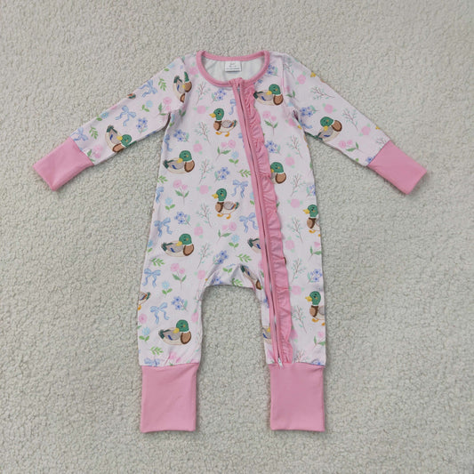LR3071 Ducks Bows Pink Ruffle Zip Long Sleeve Girls Romper 202607 RTS