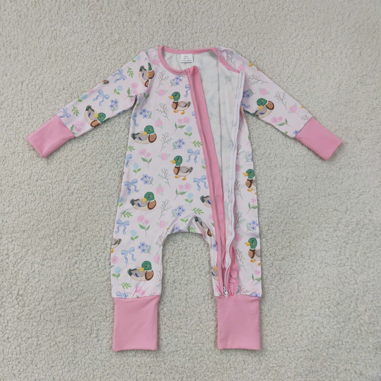 LR3071 Ducks Bows Pink Ruffle Zip Long Sleeve Girls Romper 202607 RTS