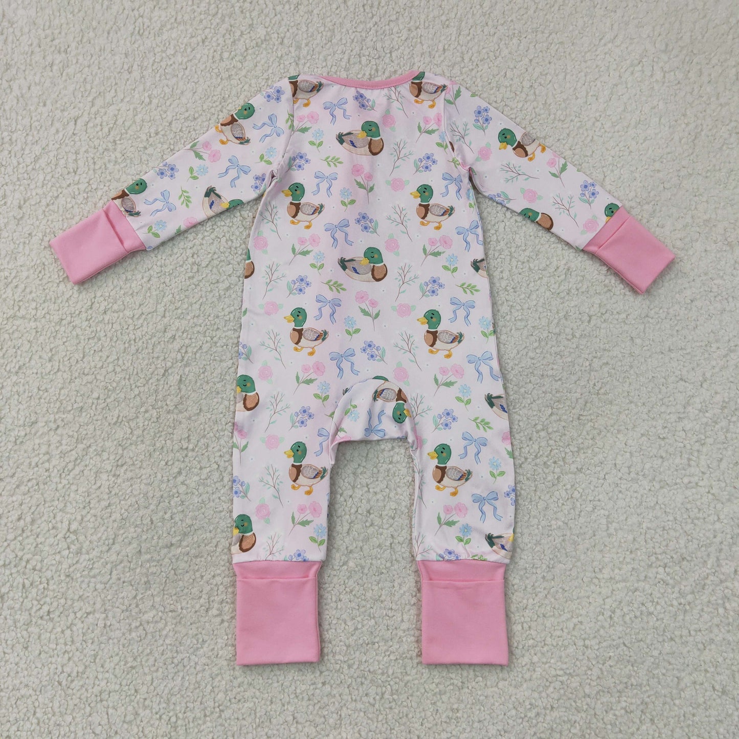 LR3071 Ducks Bows Pink Ruffle Zip Long Sleeve Girls Romper 202607 RTS