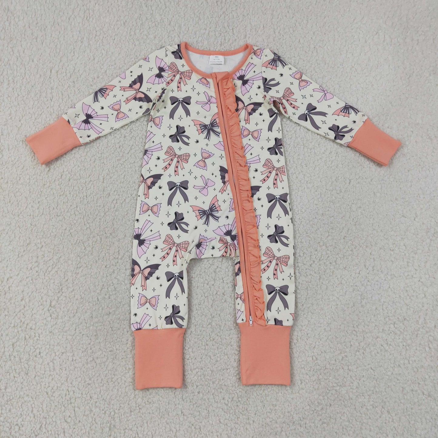 LR3078 Halloween Bows Star Orange Ruffle Zip Long Sleeve Girls Romper 202607 RTS