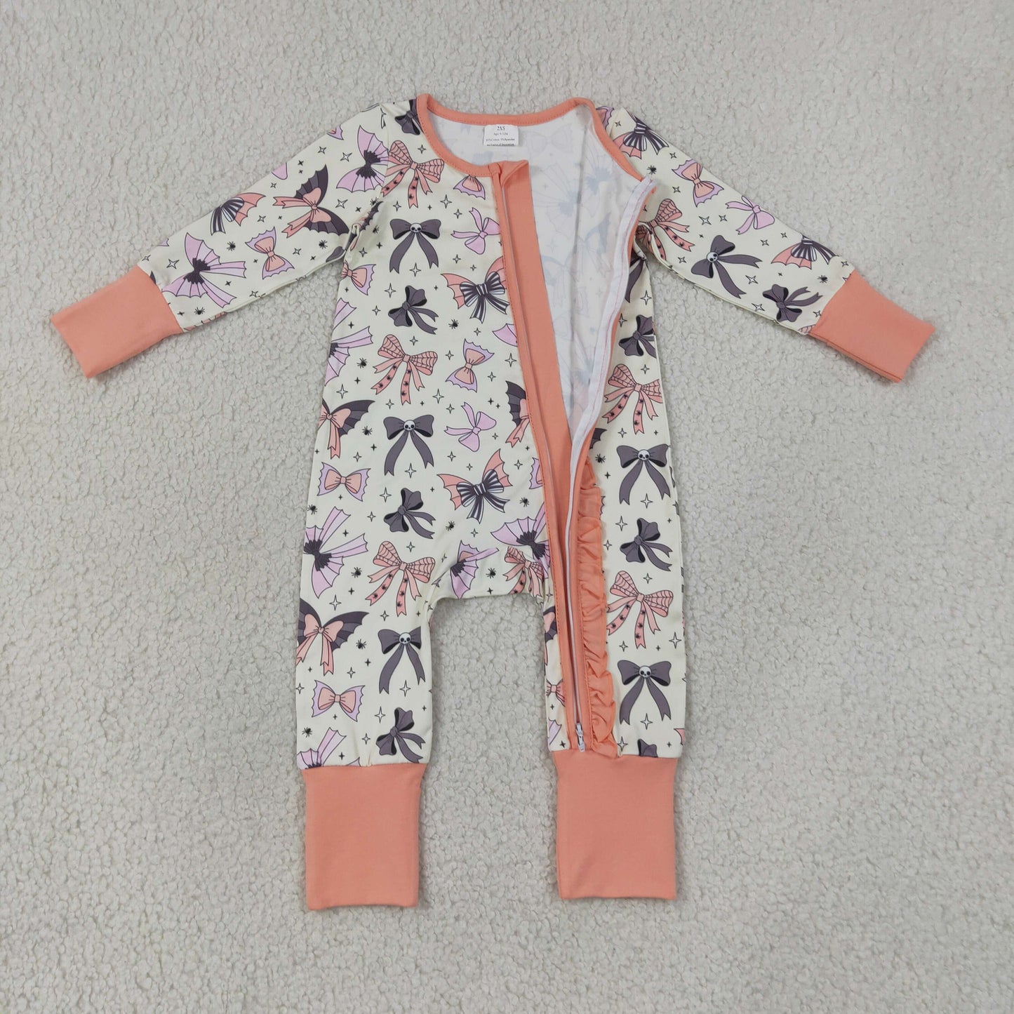 LR3078 Halloween Bows Star Orange Ruffle Zip Long Sleeve Girls Romper 202607 RTS