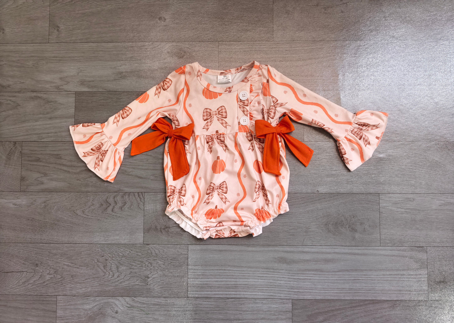 NO MOQ preorder LR3083 Bows Pumpkin Orange Flare Long Sleeve Girls Bubble Romper 202607