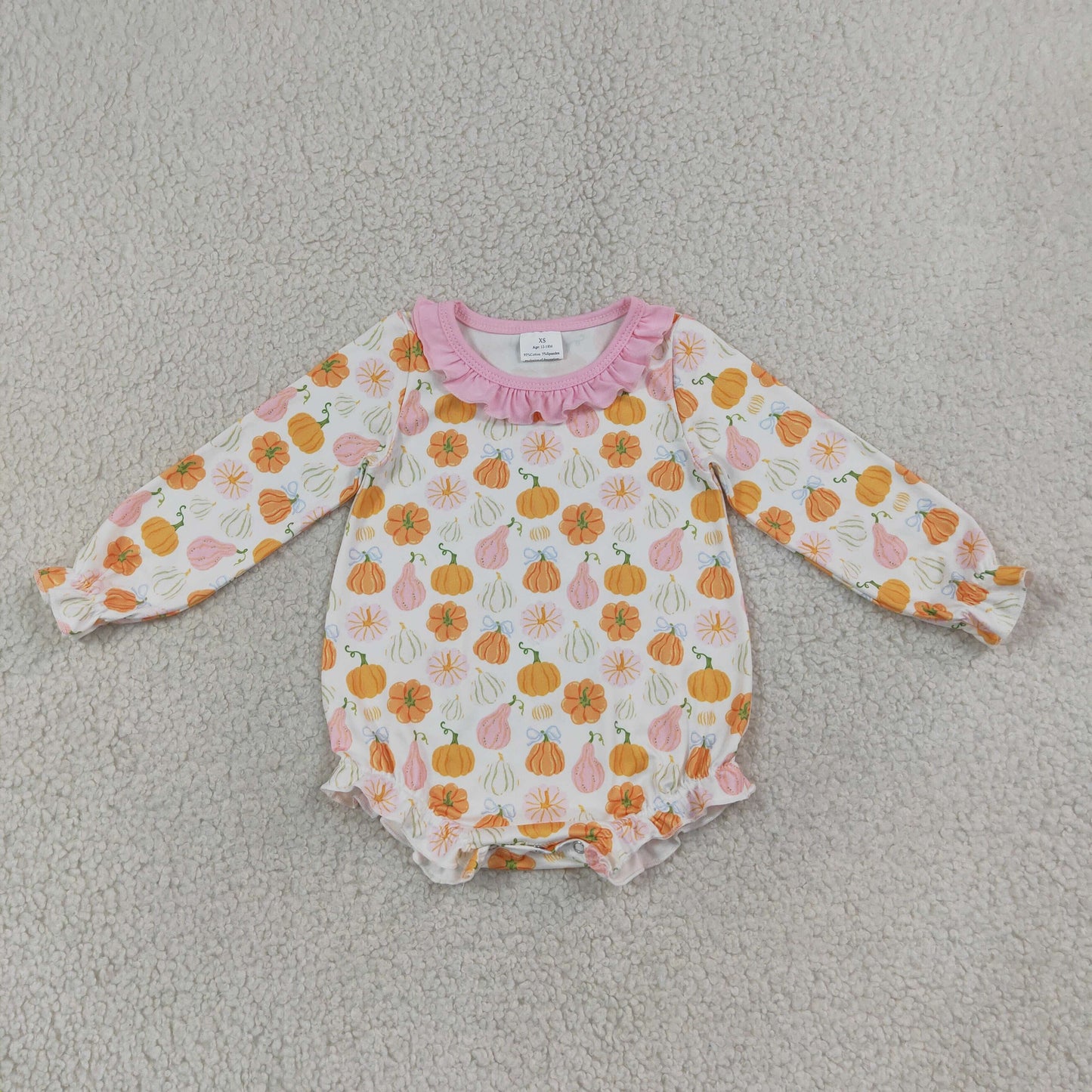 LR3098 Bows Pumpkin Pink Ruffle Long Sleeve Girls Bubble Romper 202607 RTS