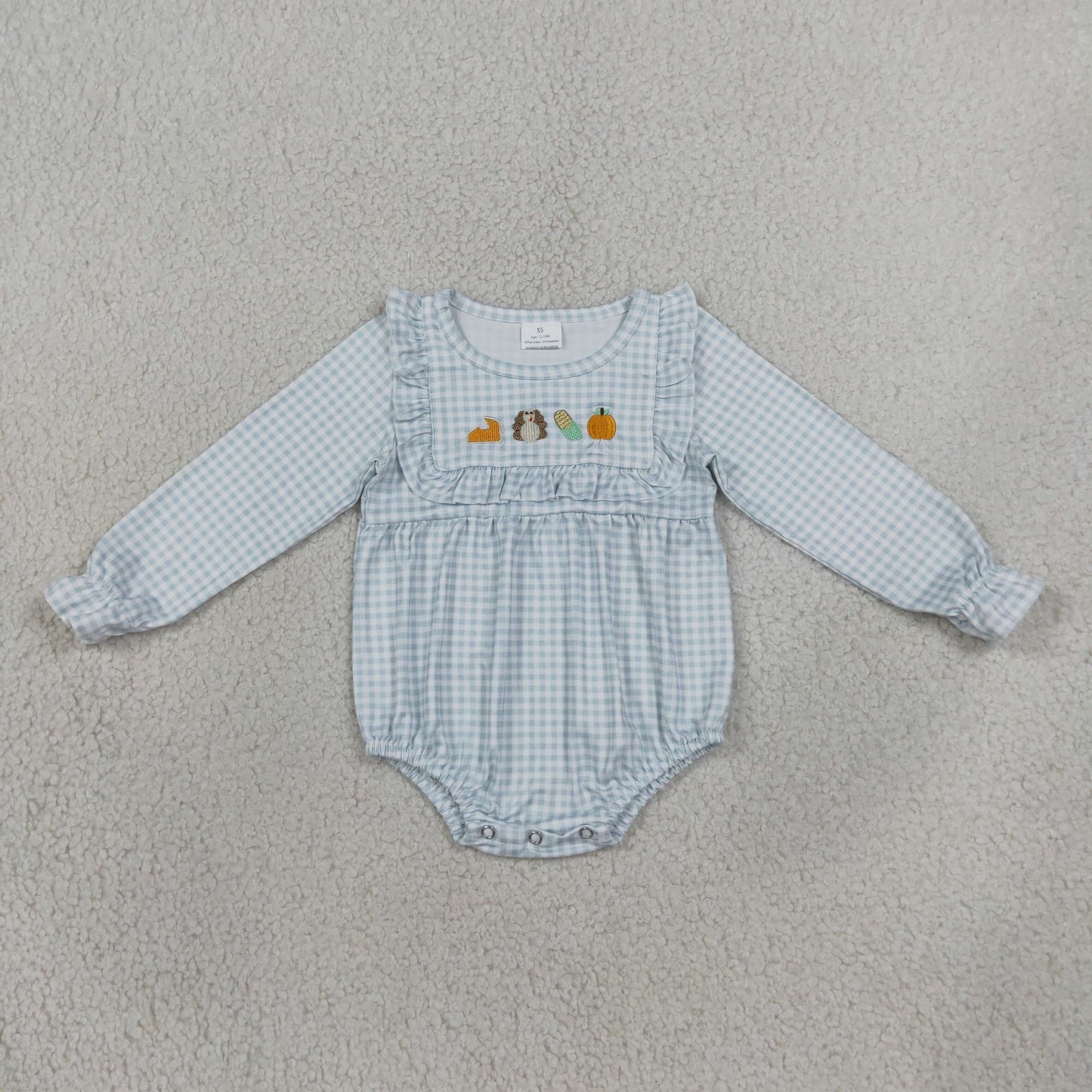 LR3104 Thanksgiving Day Embroidery Turkey Pumpkin Pie Baby Bubble Romper