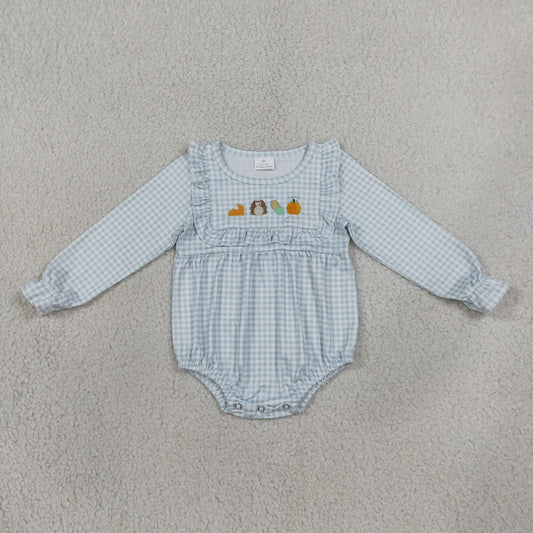 LR3104 Thanksgiving Day Embroidery Turkey Pumpkin Pie Baby Bubble Romper
