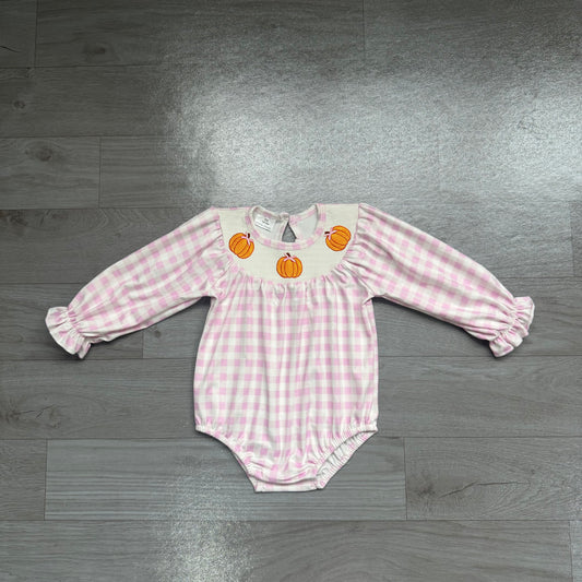NO MOQ preorder LR3106 Smocked Pumpkin Pink Plaid Long Sleeve Girls Bubble Romper 202607
