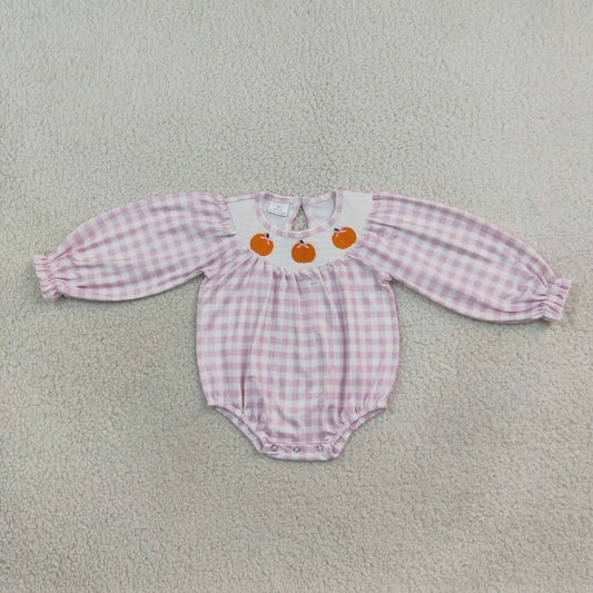 LR3106 Smocked Fall Pumpkin Bows Plaid Purple Baby Bubble Romper