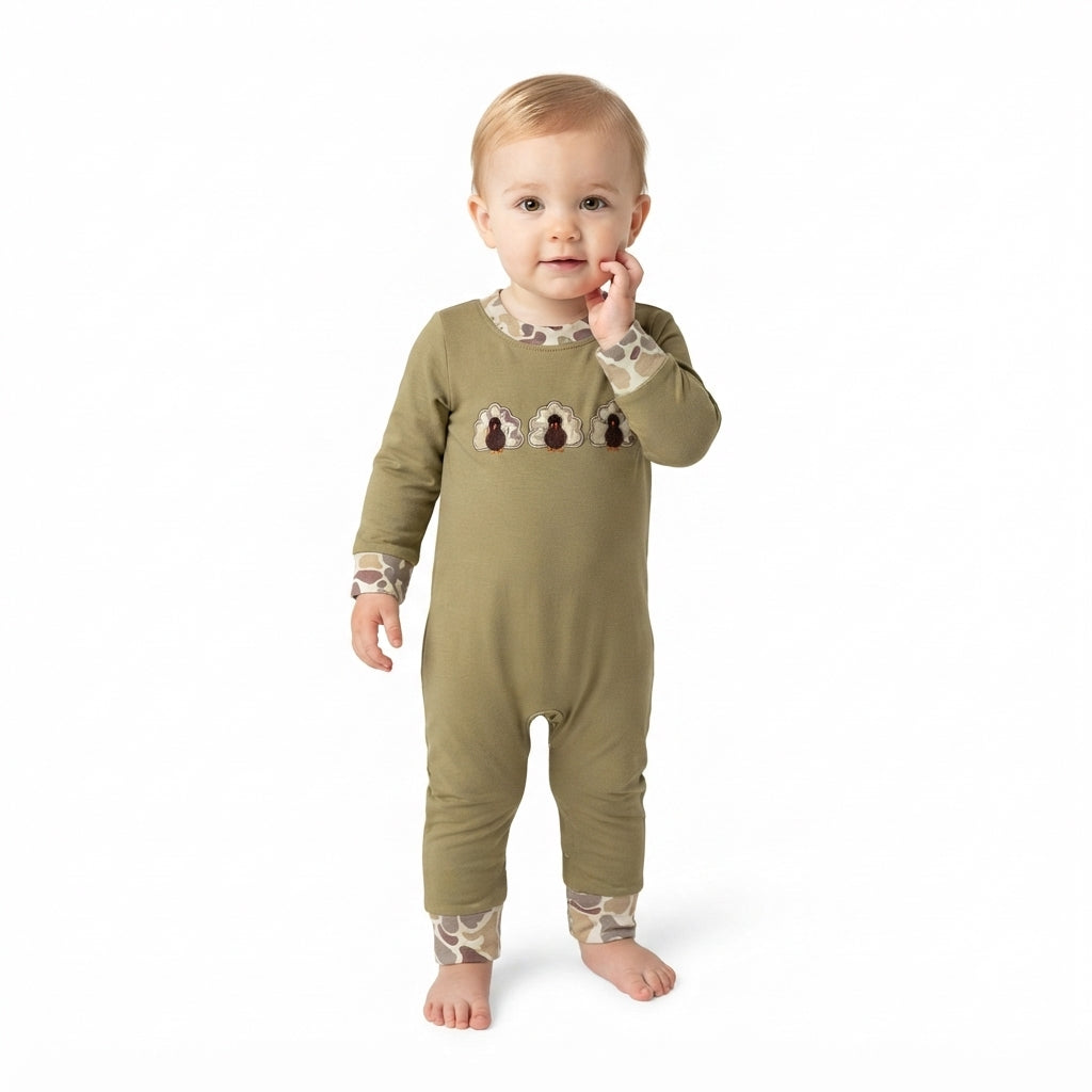 LR3109 Embroidery Thanksgiving Day Turkey Camo Baby Boys Romper