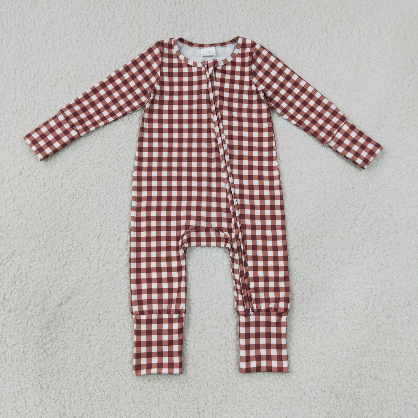 LR3113 Red Brown Plaid Zip Long Sleeve Boys Romper 202607 RTS