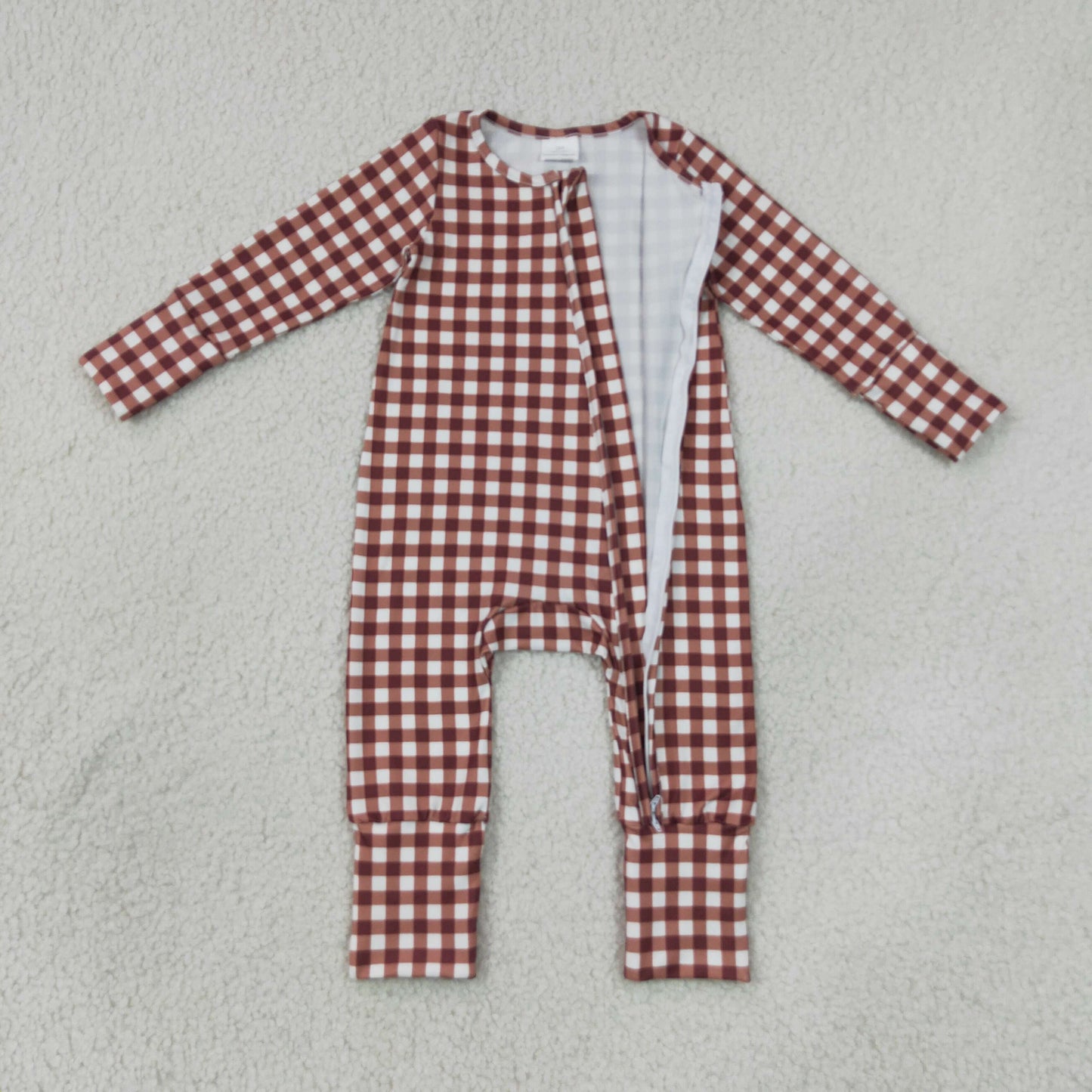 LR3113 Red Brown Plaid Zip Long Sleeve Boys Romper 202607 RTS