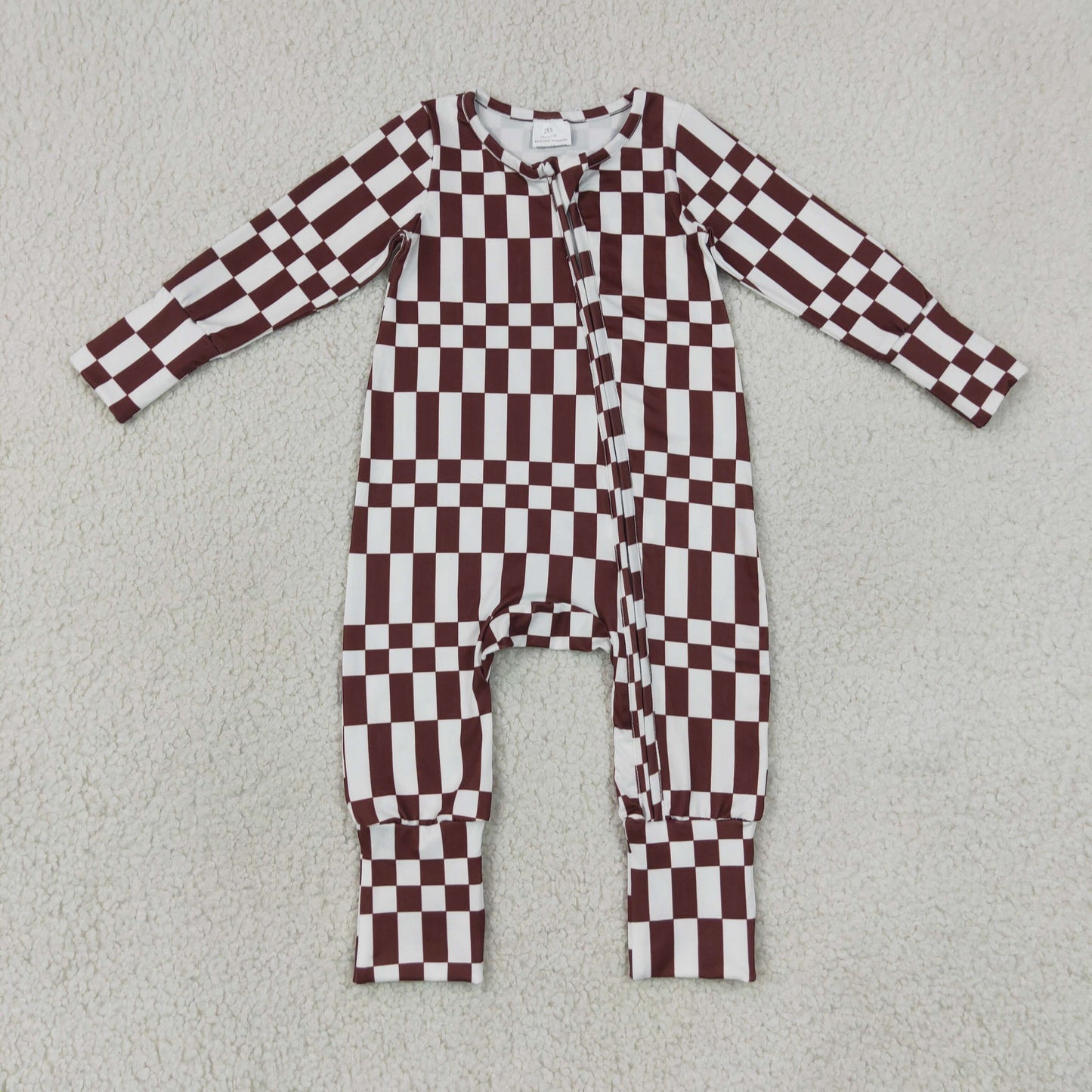 LR3114 Brown White Plaid Zip Long Sleeve Boys Romper 202607 RTS