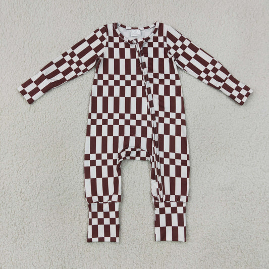 LR3114 Brown White Plaid Zip Long Sleeve Boys Romper 202607 RTS